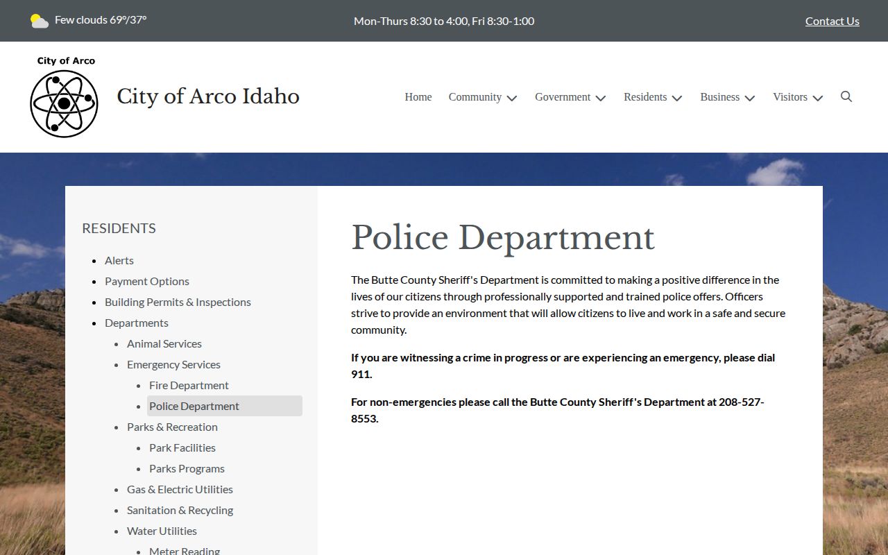 Official Arco Police Department page routing non-emergency calls to Butte County Sheriff