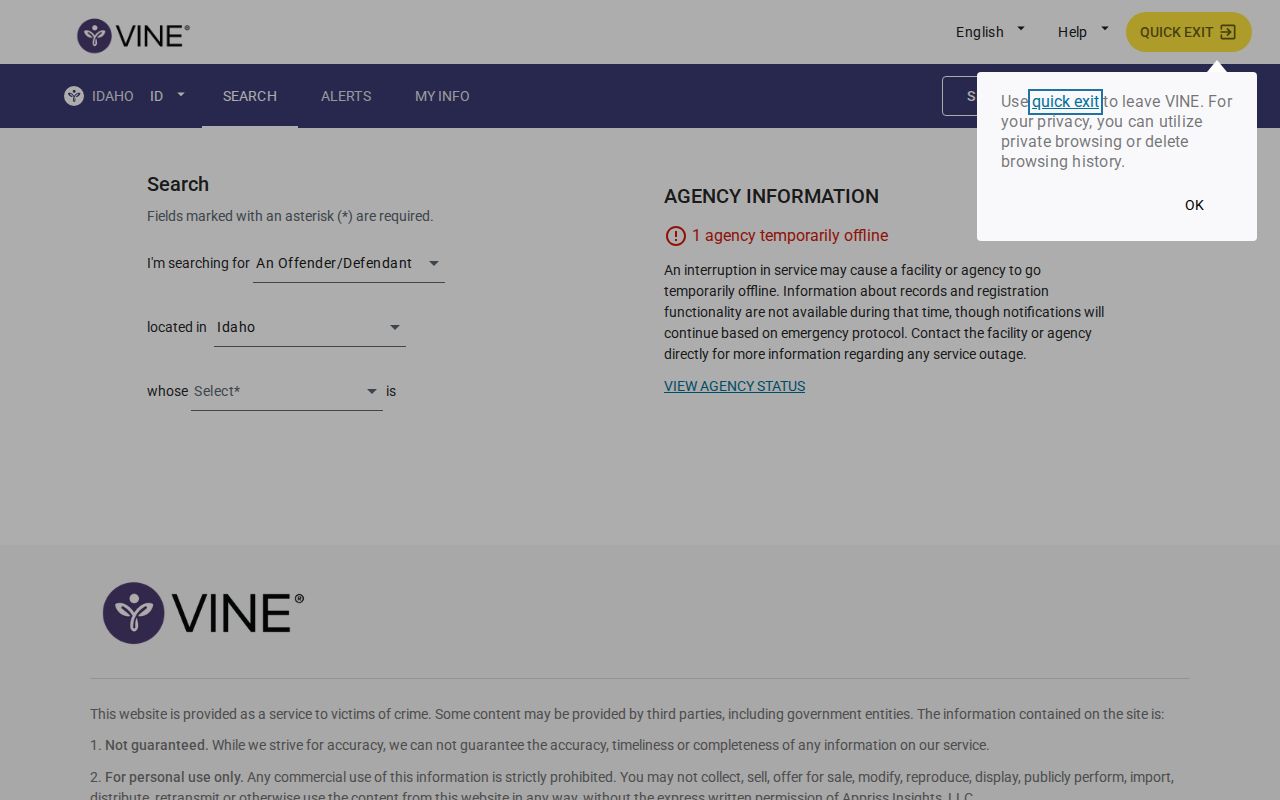 Official VINELink Idaho person search screen with no personal search entered