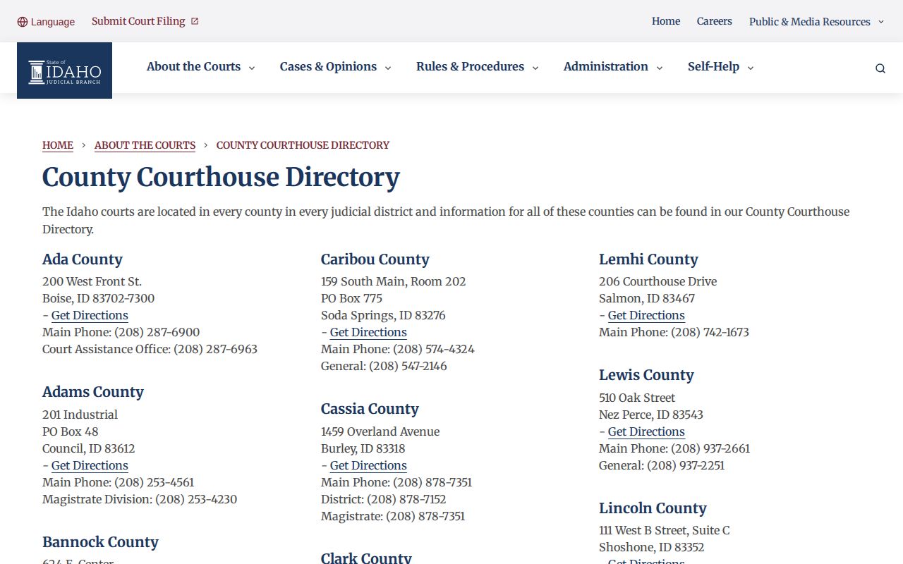 Official Idaho court directory information relevant to Butte County case follow-up