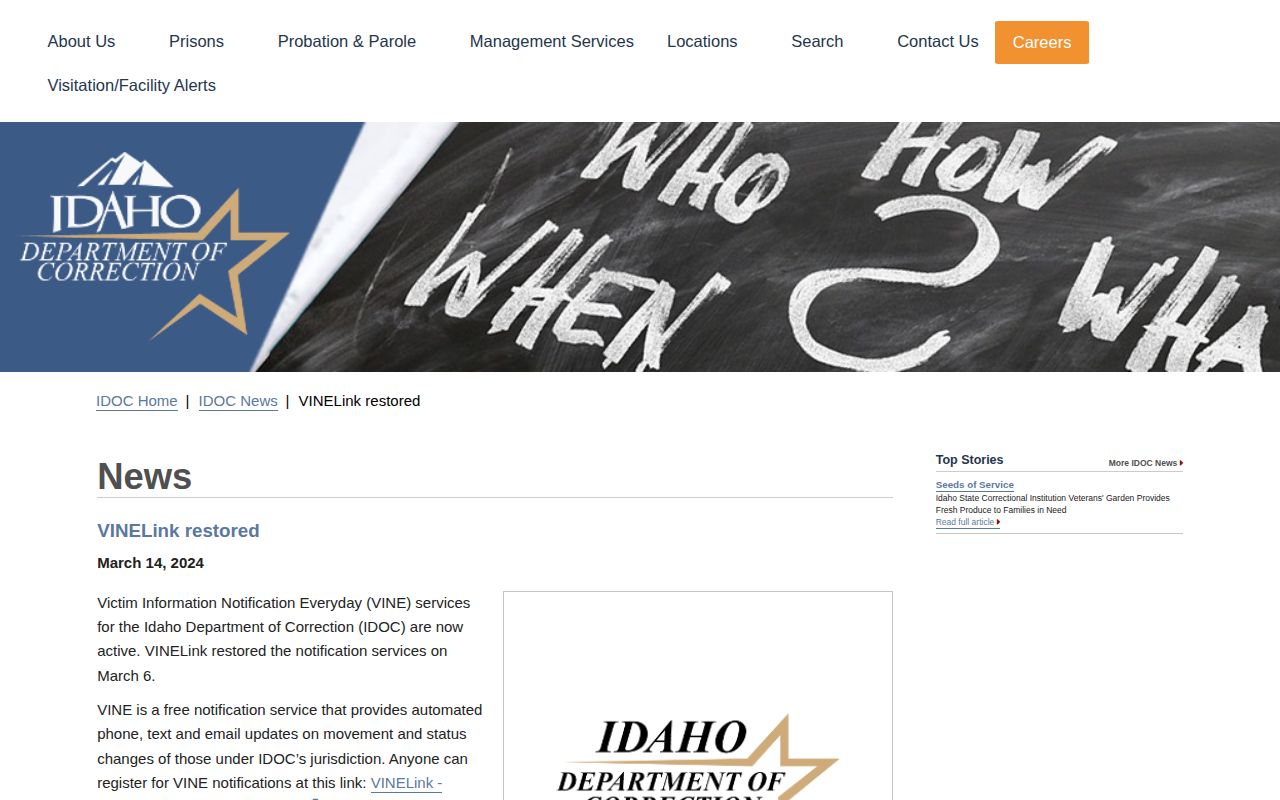 Idaho Department of Correction notice about restored VINELink services