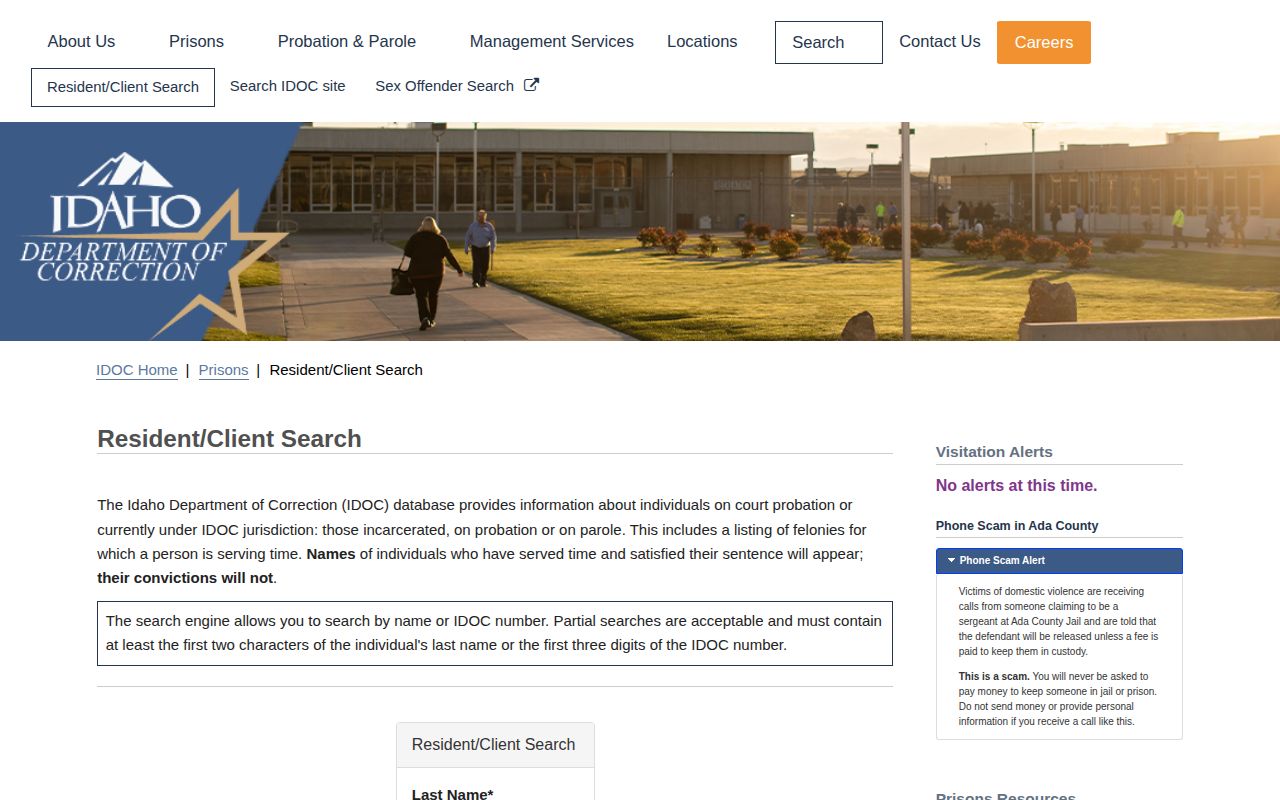 Official Idaho Department of Correction resident and client search fields