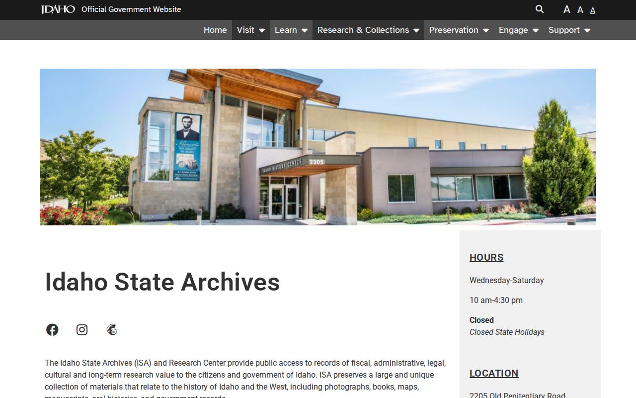 Idaho State Archives page describing county city and sheriff records services
