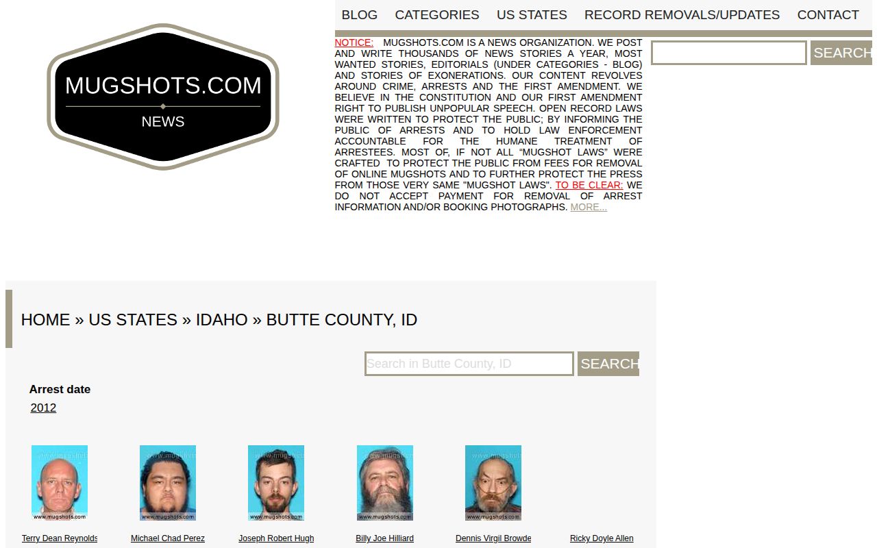 Unofficial Mugshots.com Butte County Idaho page shown for source-verification context